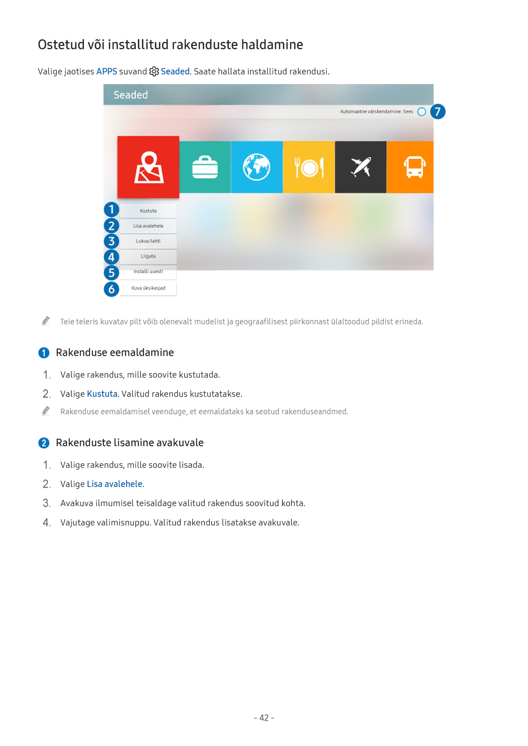 Samsung UE43M5522AKXXH manual Ostetud või installitud rakenduste haldamine,  Rakenduse eemaldamine, Valige Lisa avalehele 